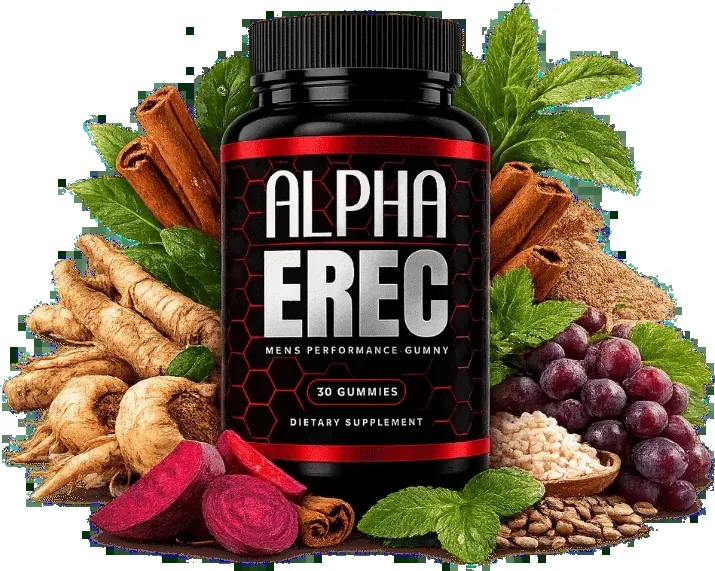AlphaErec men&rsquo;s performance gummy bottle beside maca root, ginseng and botanical ingredient props