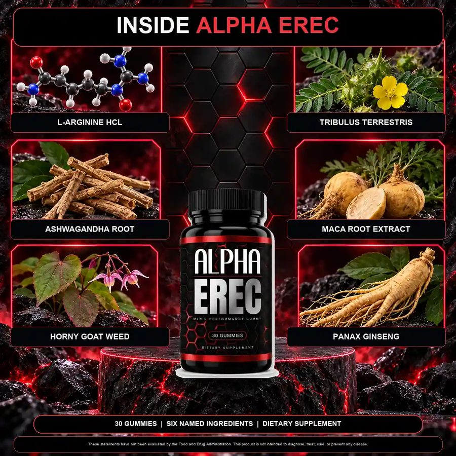 The seller's listing panel for Alpha Erec naming the six ingredients inside the gummy with no amounts beside them