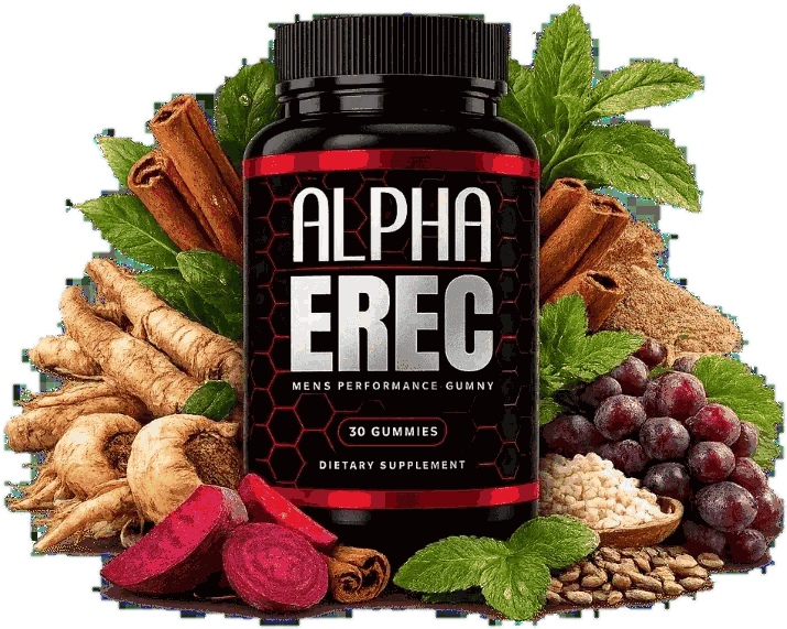 A promotional Alpha Erec scene showing the bottle surrounded by produce